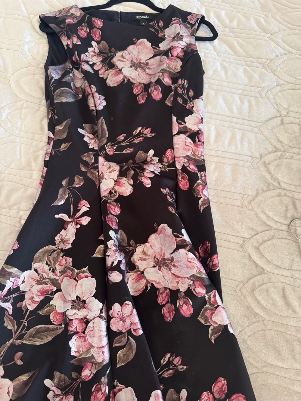 Roz & Ali Black Midi Dress with Pink Floral Print